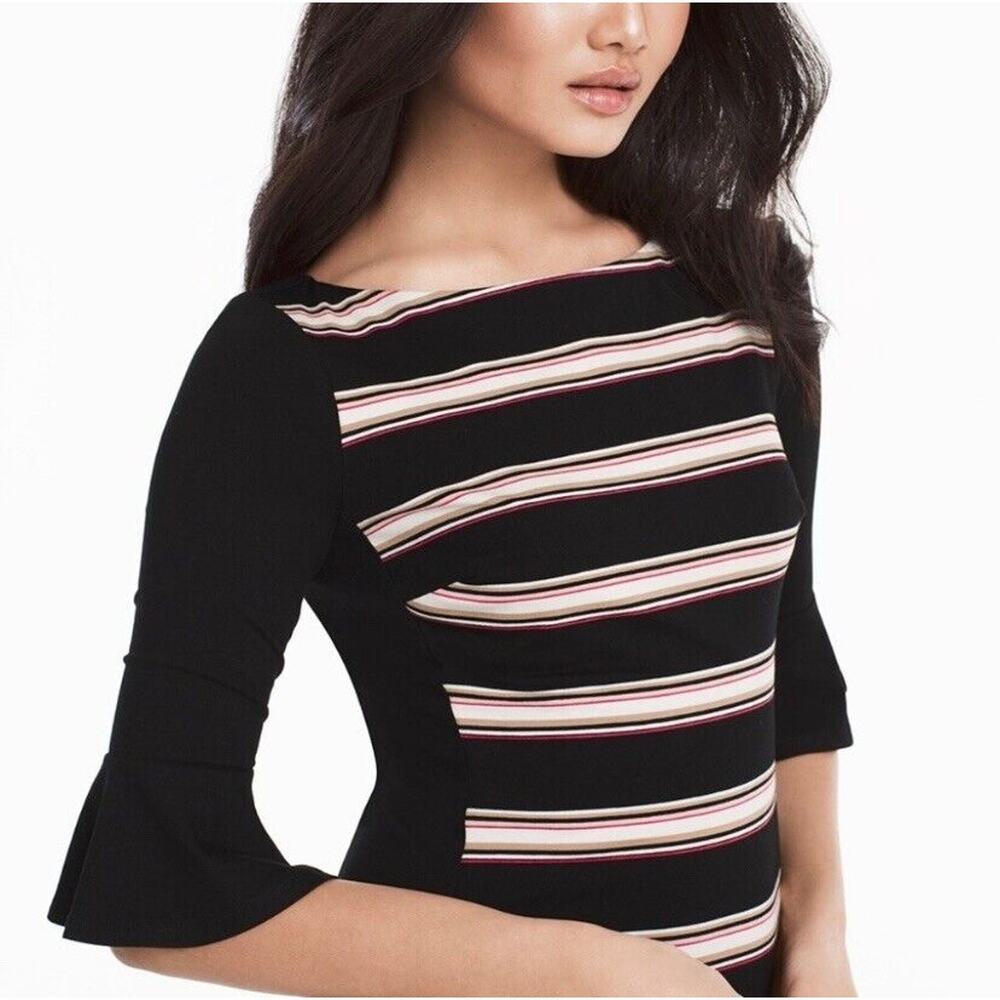 White House Black Market Womens Sheath Dress Bell Sleeve Flippy Hem Stripes Sz 8 - Picture 15 of 15